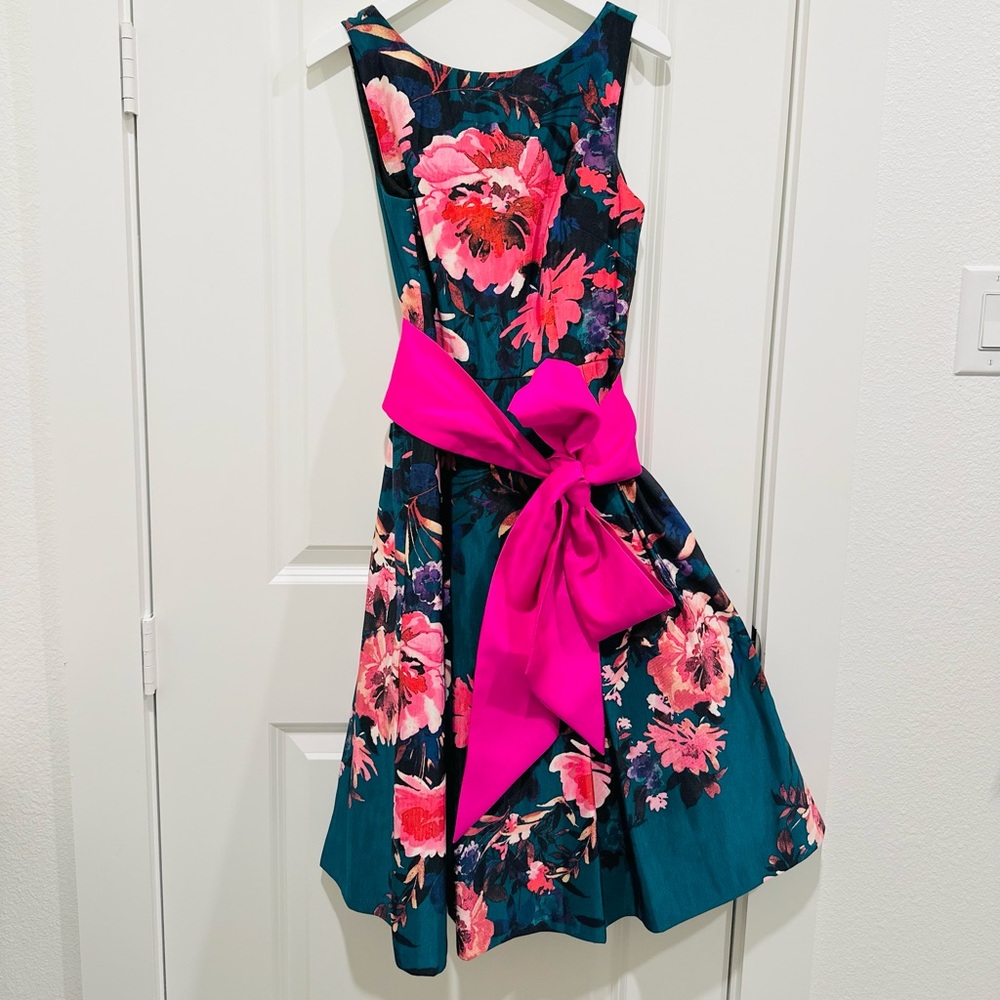 ELIZA J Womens Green Pocketed Floral Sleeveless Knee-Length Flare Dress